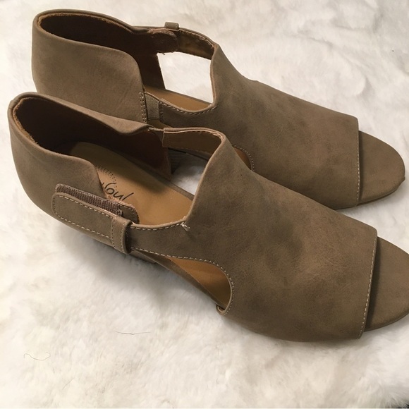 Natural Soul Daya Taupe Open Toe Booties Suede Block Heel Size 11M SB-M - Picture 1 of 9